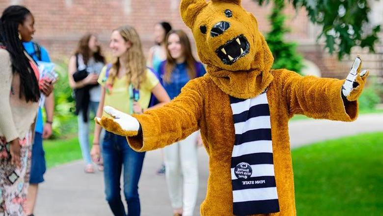 Nittany Lion welcoming students on campus.